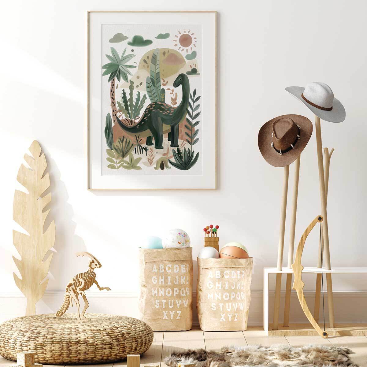 Affiche enfant le monde de coco dino  Affiche + cadre en bois - Chêne