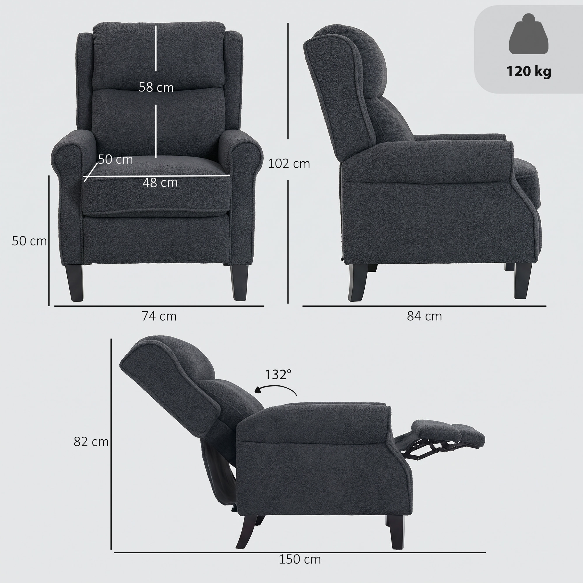 Fauteuil classique chic inclinable bouclette anthracite