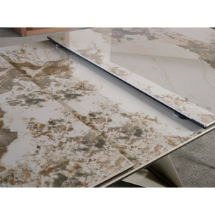 Mesa comedor extensible rectangular con tapa de mármol porcelánico blanco con vetas en tonos tierra en acabado brillo 180x90x76cm