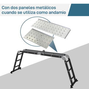 Escalera Multiusos Plegable Escalón Caballete 5 en 1 Portátil con 2 Placas de Plataforma Pie Antideslizante 6 Interruptores Bisagra Aluminio 150 kg 370x61x11 cm Negro