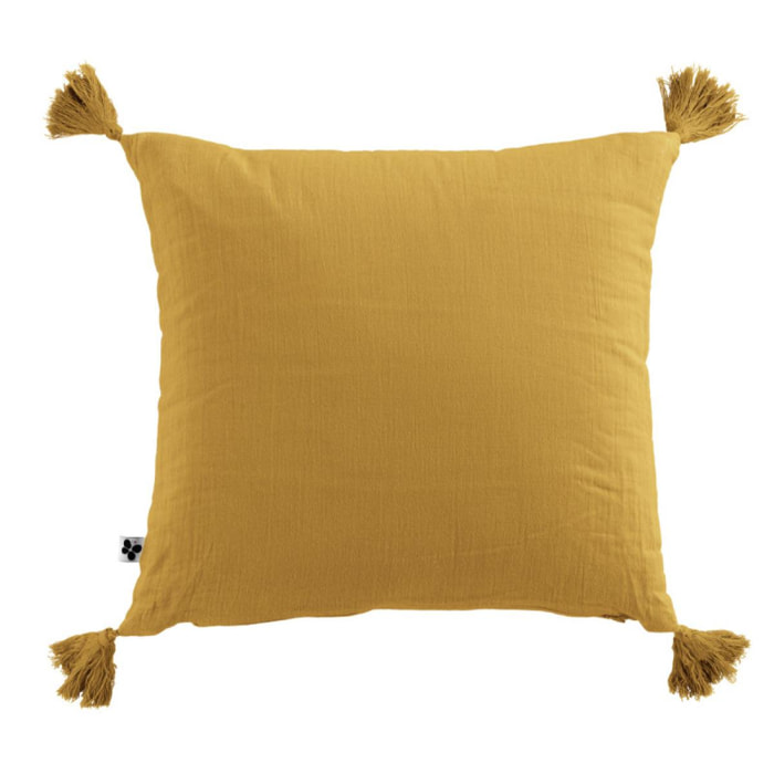 Coussin déhoussable avec pompons ''Gaïa'' 40 x 40 cm ''Gaze de Coton'' - Couleur: Gaïa Safran