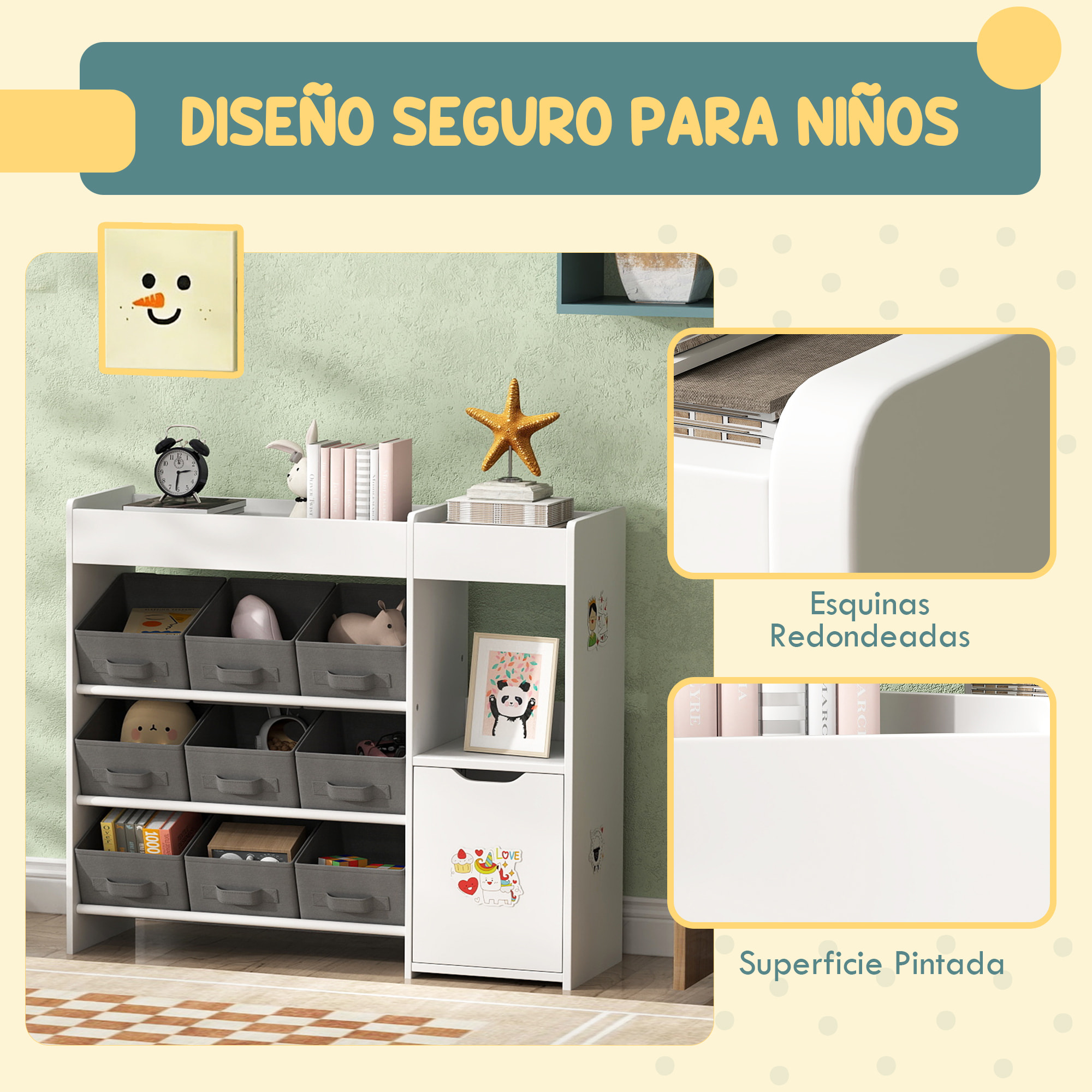 Estantería para Juguetes para Niños Organizador Infantil con 9 Cestas Extraíbles Compartimentos y Láminas de Pegatinas para Guardería Sala de Juegos 92x30x80 cm Blanco