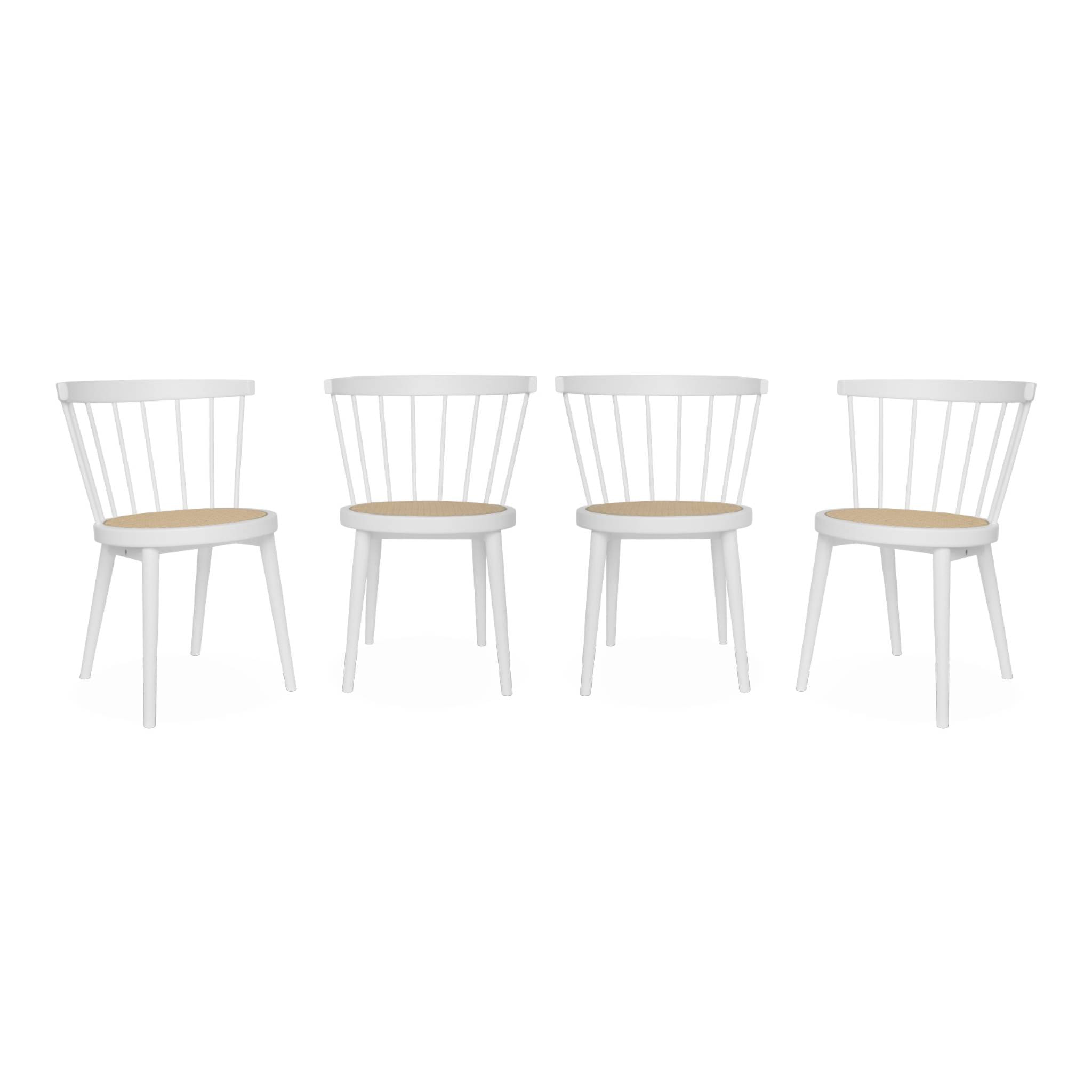 Lot de 4 chaises blanches en bois et cannage. Nora. L 53 x P 53.5 x H 76cm