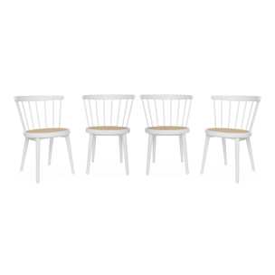 Lot de 4 chaises blanches en bois et cannage. Nora. L 53 x P 53.5 x H 76cm