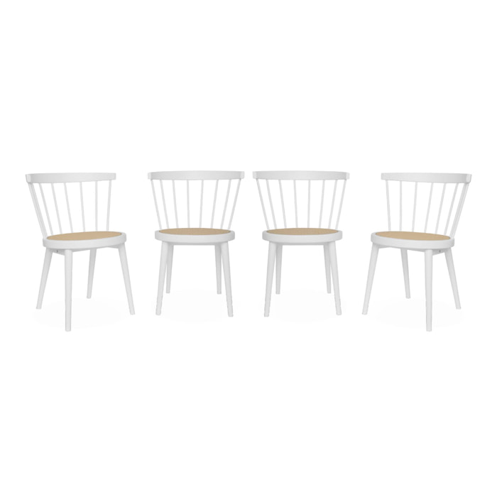 Lot de 4 chaises blanches en bois et cannage. Nora. L 53 x P 53.5 x H 76cm