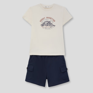 Conjunto Camiseta con Estampado Desert Mountain y Shorts Cargo con Bolsillos Laterales | Color: Crudo | Street Monkey