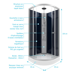Cabine de douche 1/4 de cercle - 85x85x225cm - NIGHTY