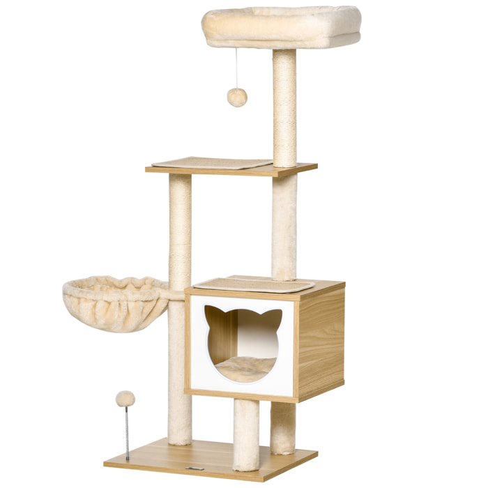 Arbre à chat multi-équipement griffoirs grattoirs niche hamac panier coussins amovibles H126 cm peluche courte sisal naturel beige