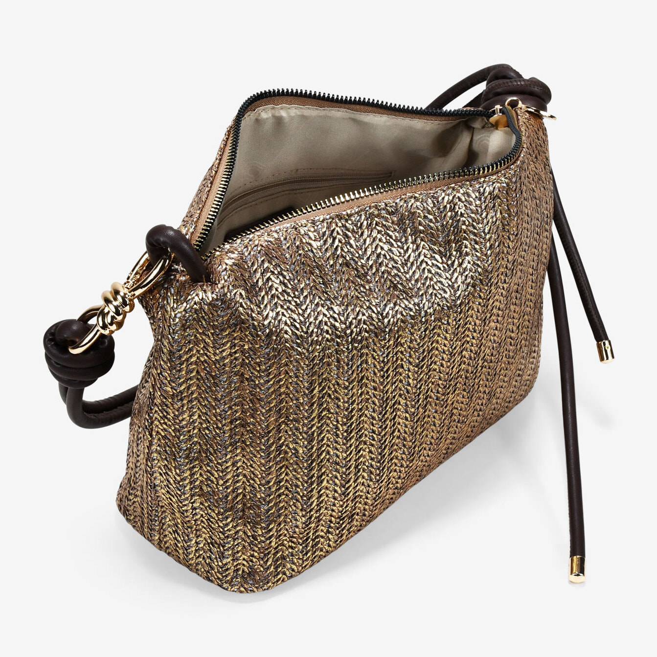 Bolso de hombro marrón metalizado en rafia