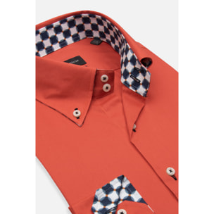Camicia Uomo 2 Bottoni Button Down Slim Popeline Stretch Unito Corallo