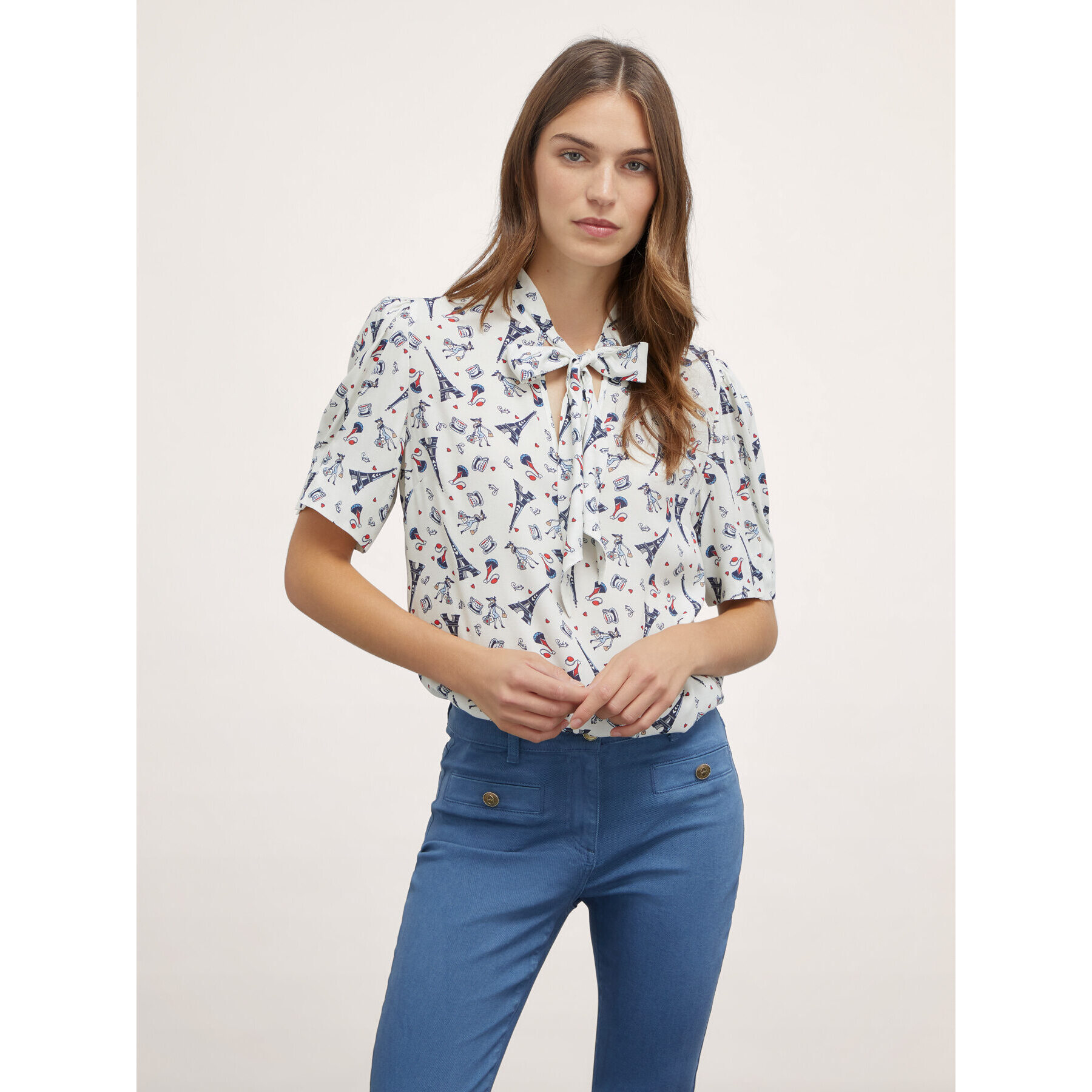 Motivi - Blusa con lazo estampado Paris - Blanco