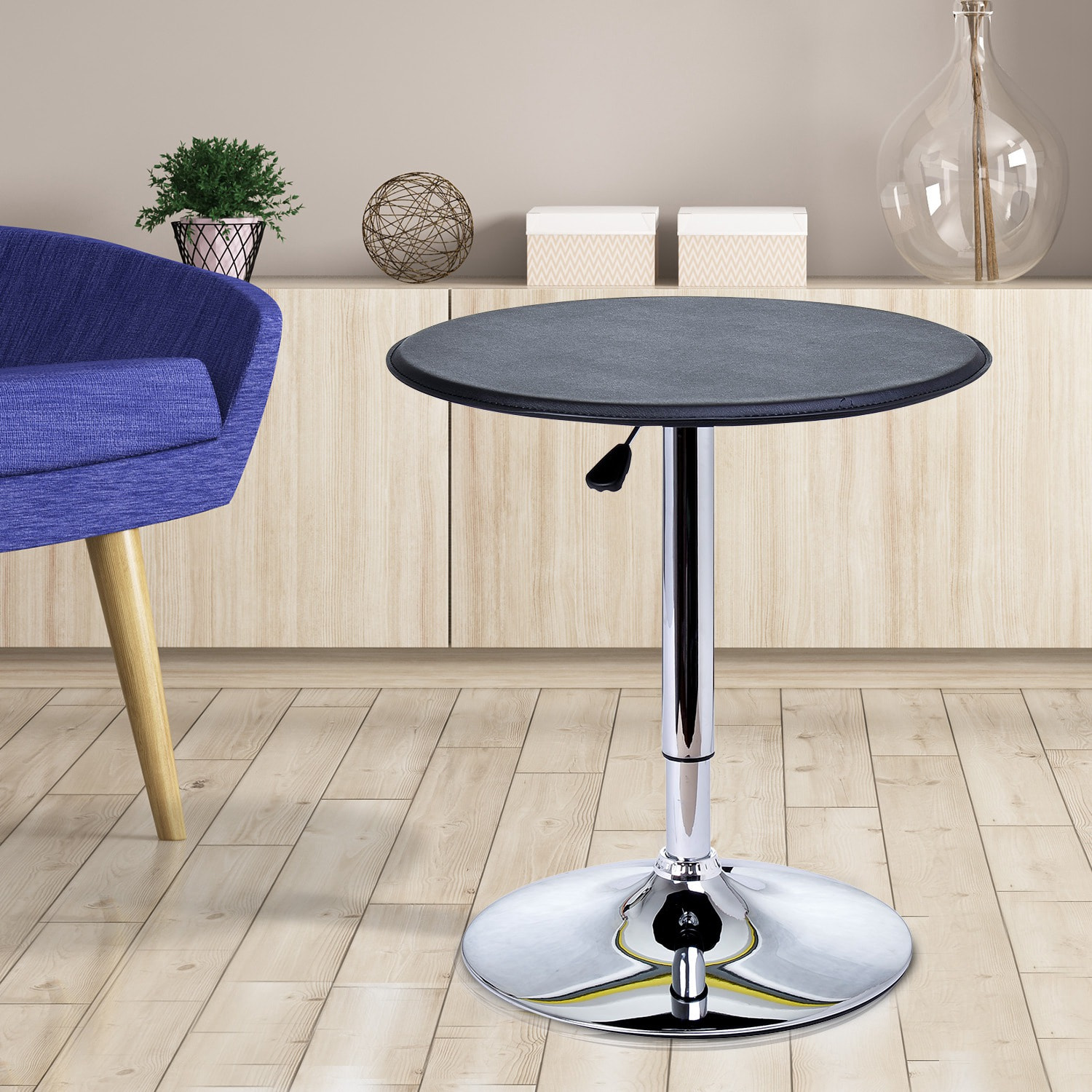 Table de bar table bistro chic style contemporain table ronde hauteur réglable 67-93 cm Ø 63 cm plateau pivotant 360° métal chromé PVC noir