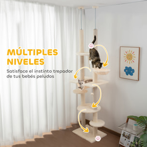 Árbol para Gatos de Suelo a Techo 225-255 cm Árbol Rascador para Gatos de 7 Niveles Torre para Gatos con Hamacas Plataformas Juguete de Cuerda Bola de Juguete Beige y Gris