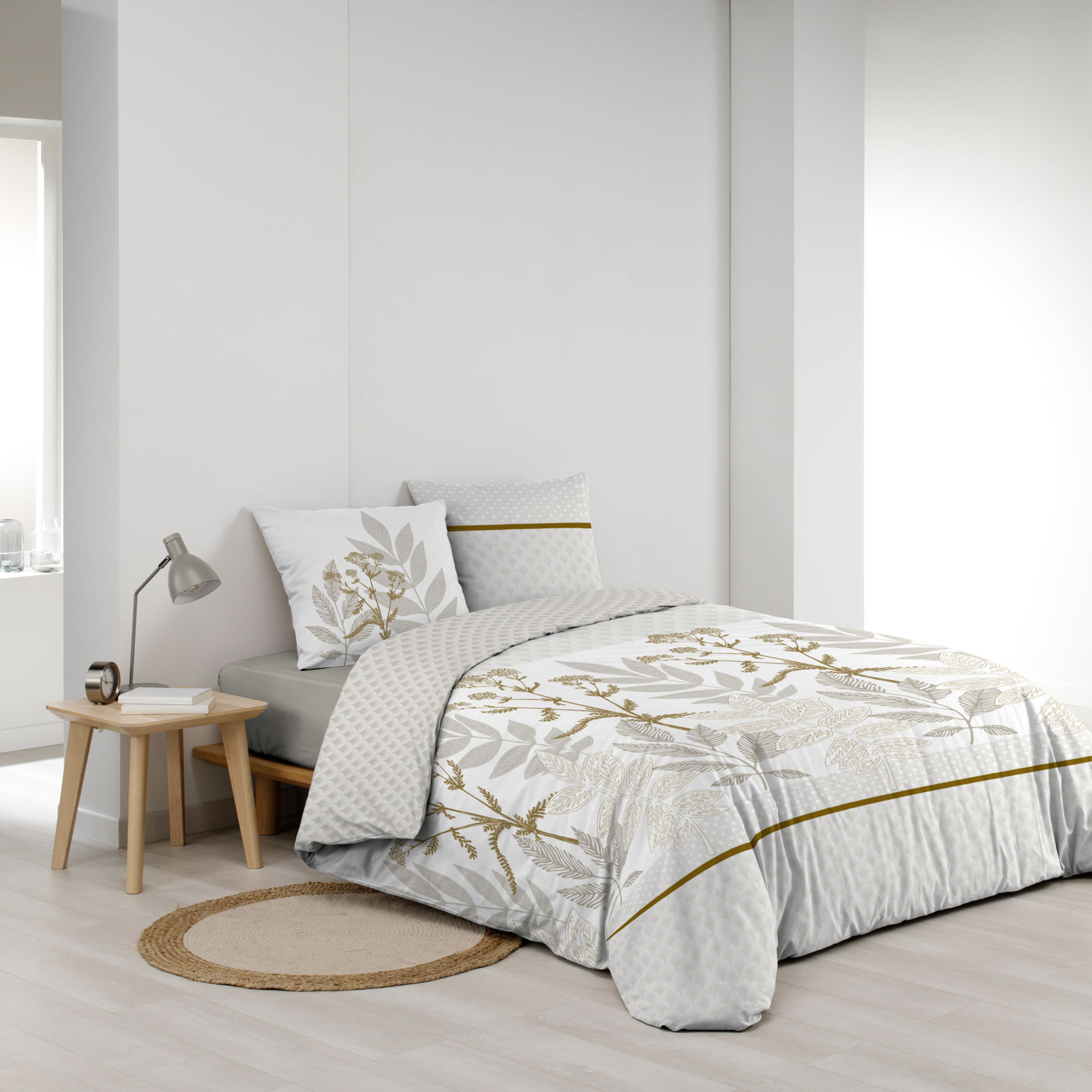 Parure de lit coton motif feuillage double face imprimée - Naturel