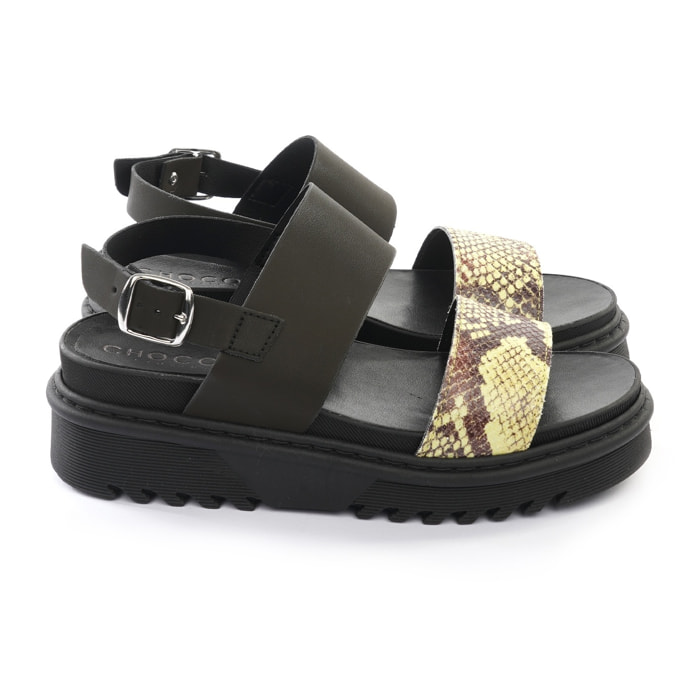 SANDALO FLATFORM DOPPIA FASCIA CHOCOLA' NERO E GIALLO