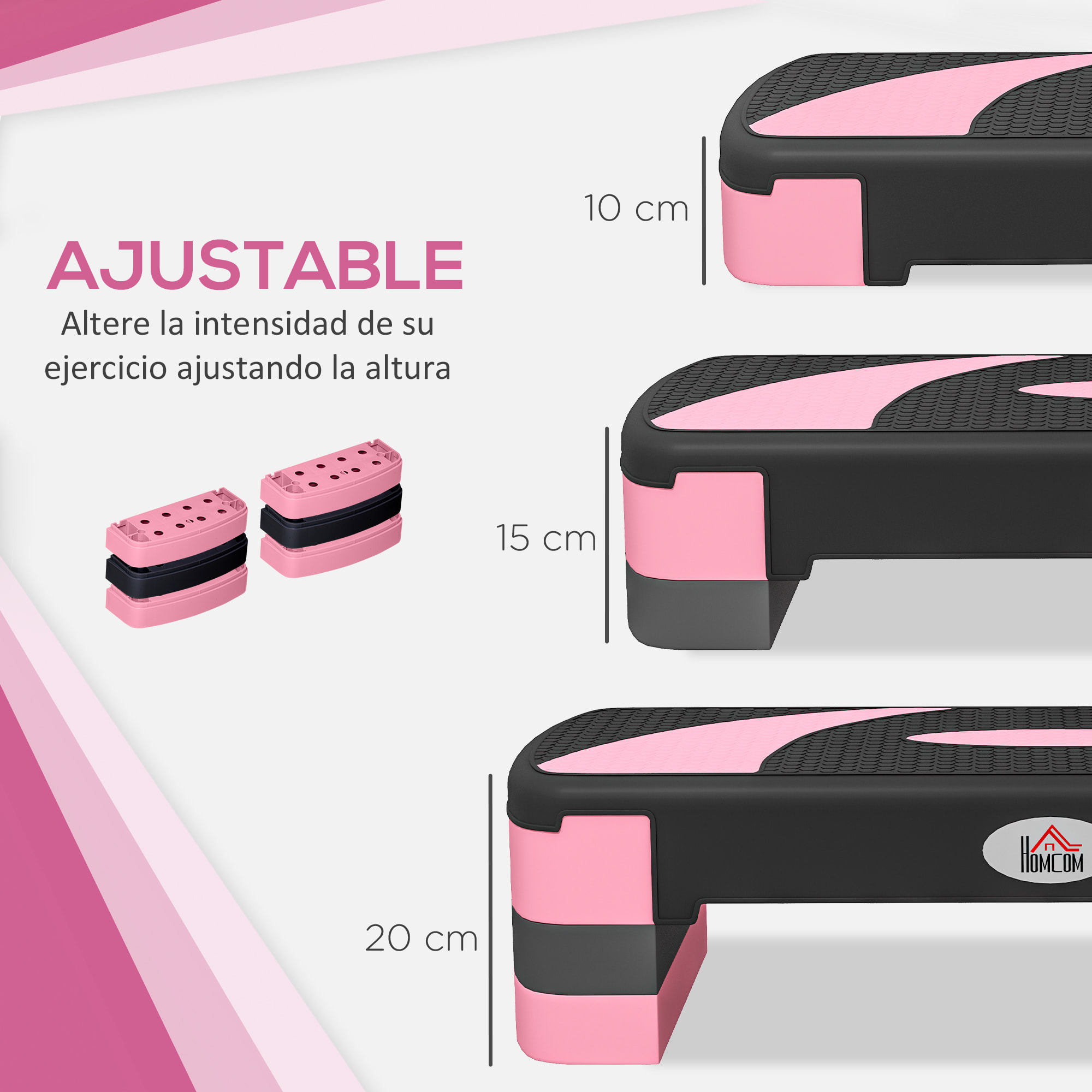 Step de Aeróbic Step para Fitness Antideslizante con Altura Regulable 3 Niveles de 80x31x10/15/20 cm Tabla Plataforma Stepper para Deporte y Ejercicio en Casa Gimnasia Carga 150 kg Rosa