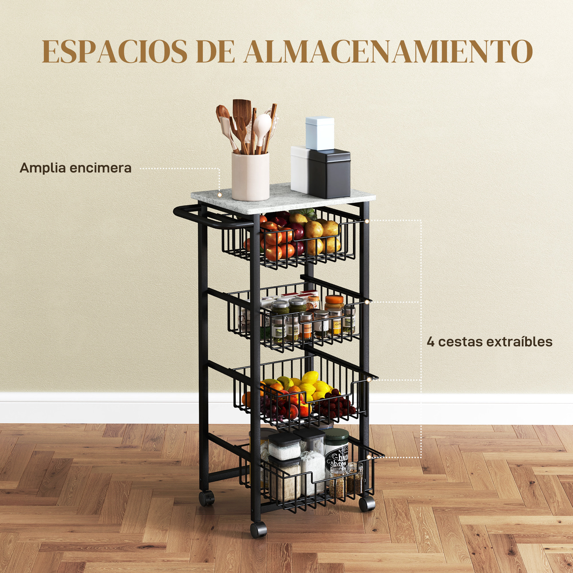 Carrito de Cocina Carrito Verdulero para Cocina con 4 Cestas Deslizables y Marco de Acero Carrito Auxiliar con Ruedas para Comedor 49,5x31x91 cm Gris Claro