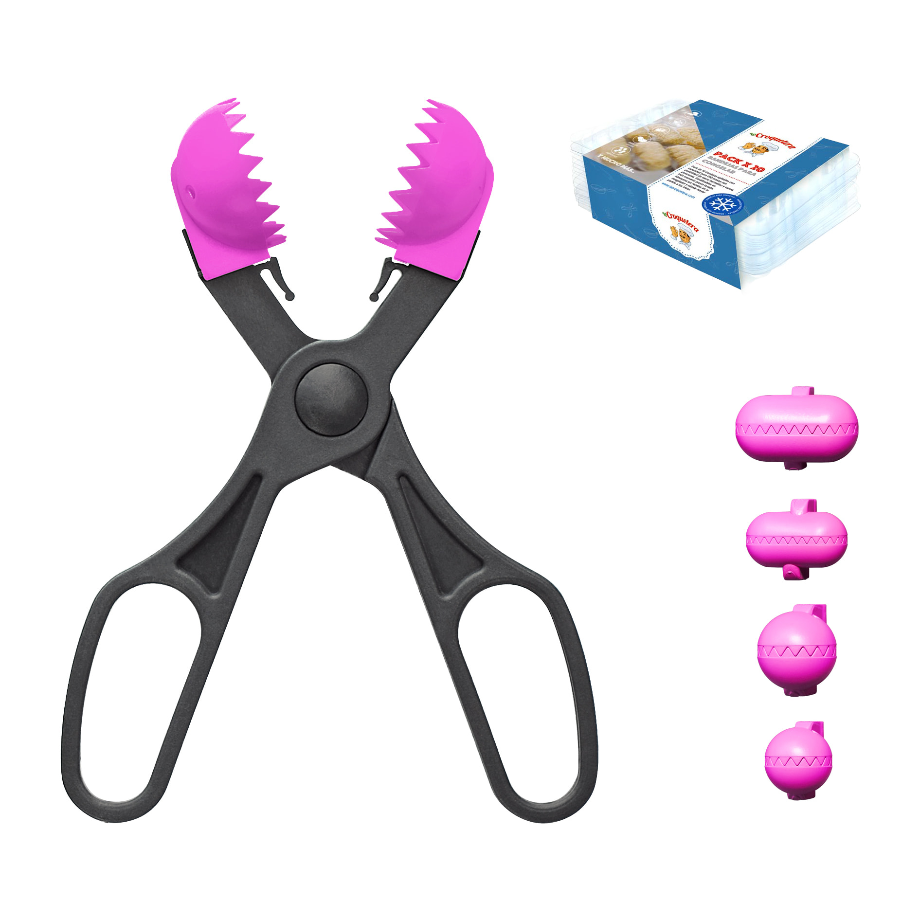 Pack utensilio multiusos con 4 moldes intercambiables color rosa + 20 bandejas de conservación - La croquetera: patentado y fabricado en España