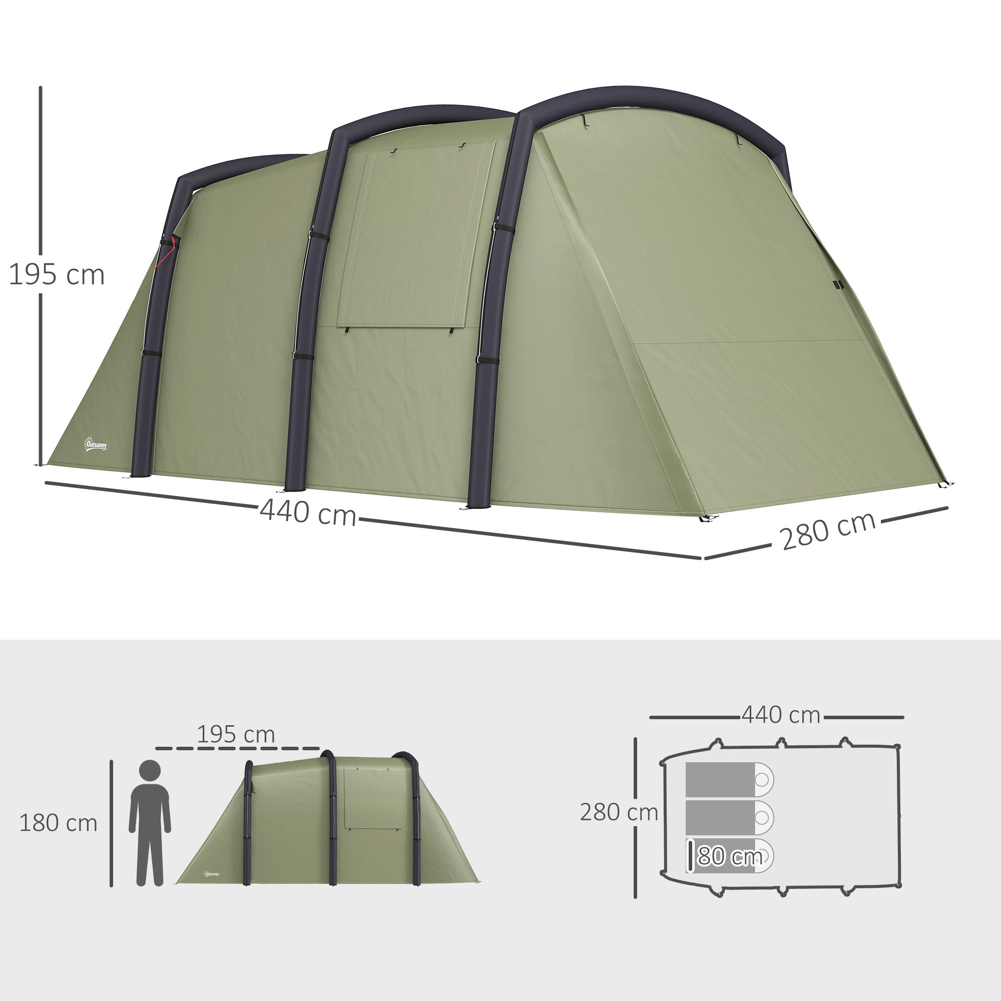Tienda de Campaña Inflable Familiar Tipo Túnel para 3–6 Personas Tienda de Campaña Glamping con Vestíbulo Ventanas de Malla y Bolsa de Transporte Protección UV 50+ Impermeable Verde Oliva