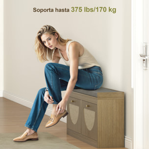 Banco Zapatero, Banco Recibidor Bohemio, con Asiento Acolchado, Puertas Frentes de Ratán, Estante Ajustable, para 8 Pares de Zapatos, para Entrada, 105x35x47 cm, Natural