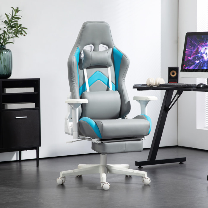 Silla Gaming Silla Gamer Reclinable con Altura Ajustable Reposapiés Retráctil Soporte Lumbar y Reposacabezas Desmontable Silla para Oficina Estudio Gris Claro y Azul