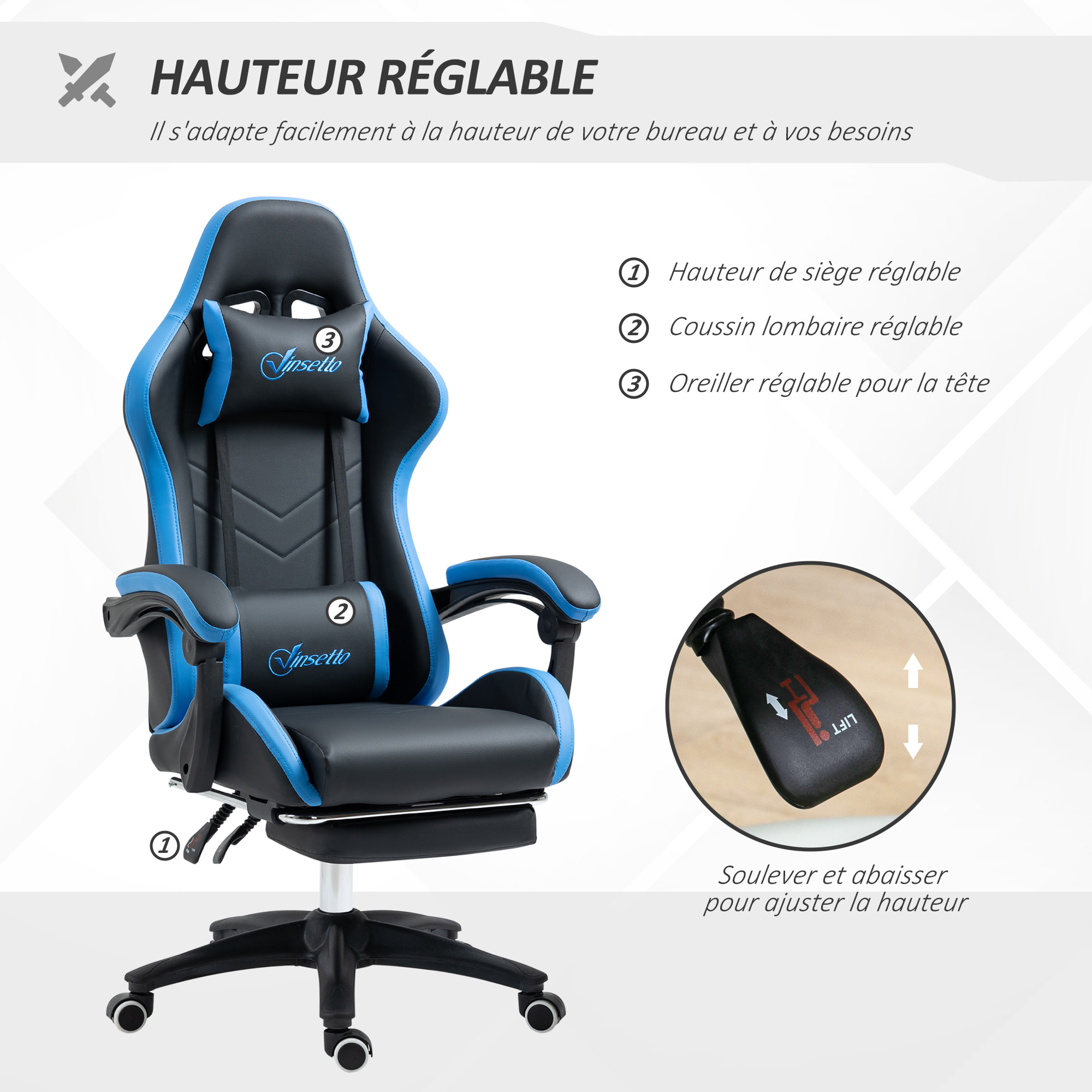 Chaise gaming - chaise de bureau gamer inclinable réglable repose-pieds rétractable coussins synthétique noir bleu