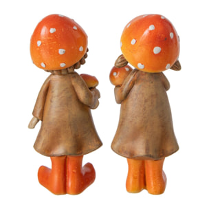 J-Line Garçon et fille champignon - polyrésine - beige/orange - small - assortiment de 2