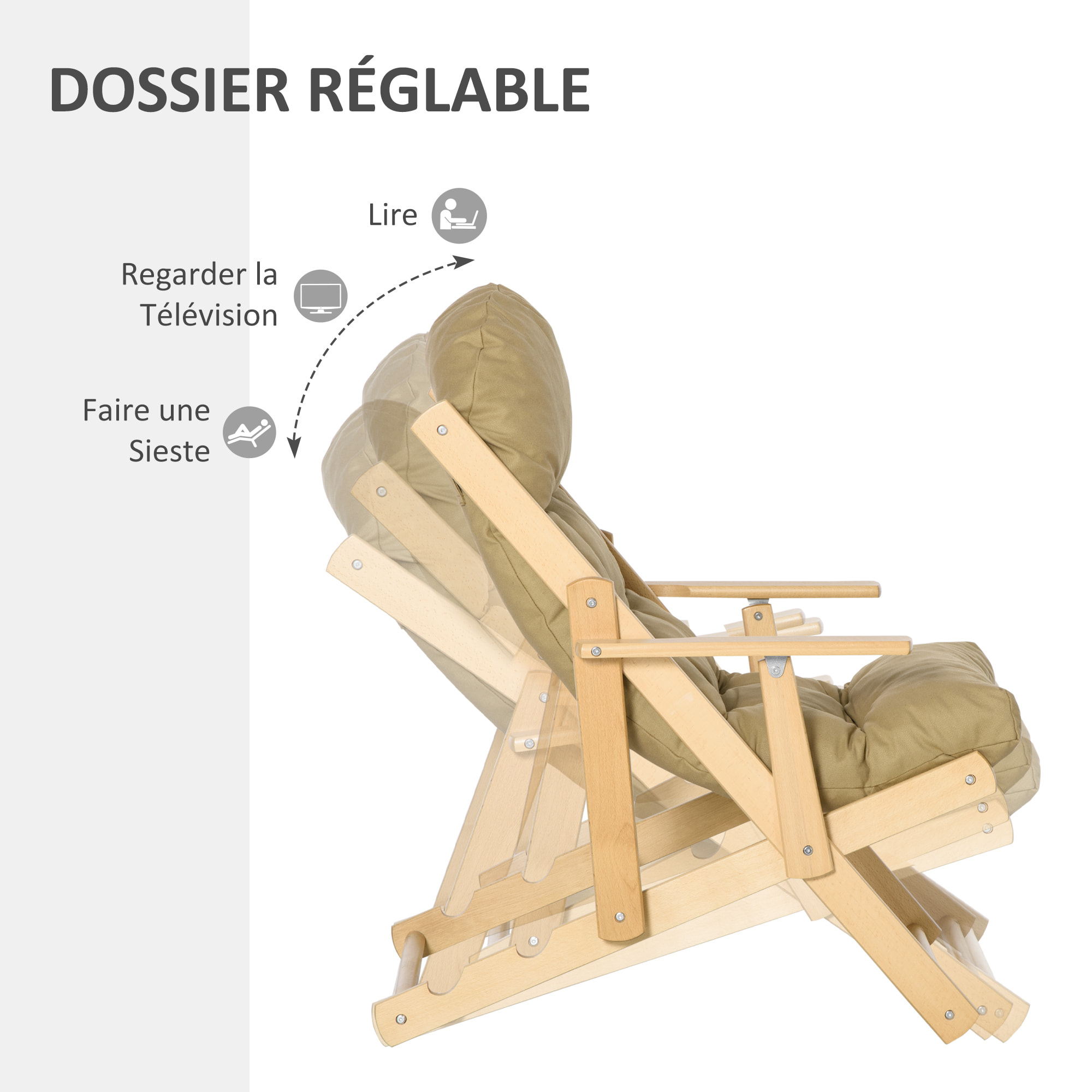 Fauteuil chaise pliable et inclinable en bois grand confort avec coussin capitonné épais - dim. 71I x 89P x 96H cm - beige