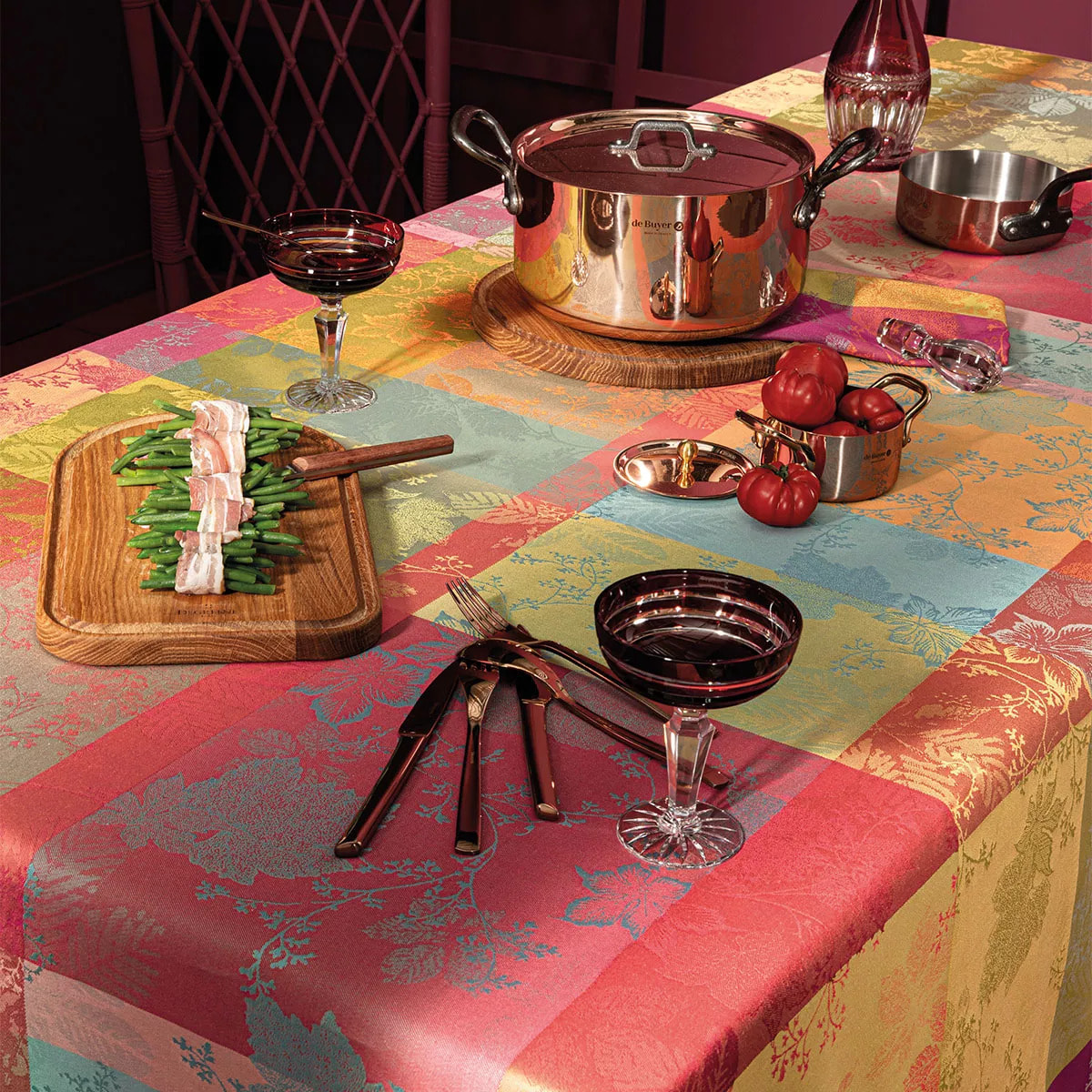 Nappe pur coton enduit motif jacquard bordeaux orange Mille sous bois automne