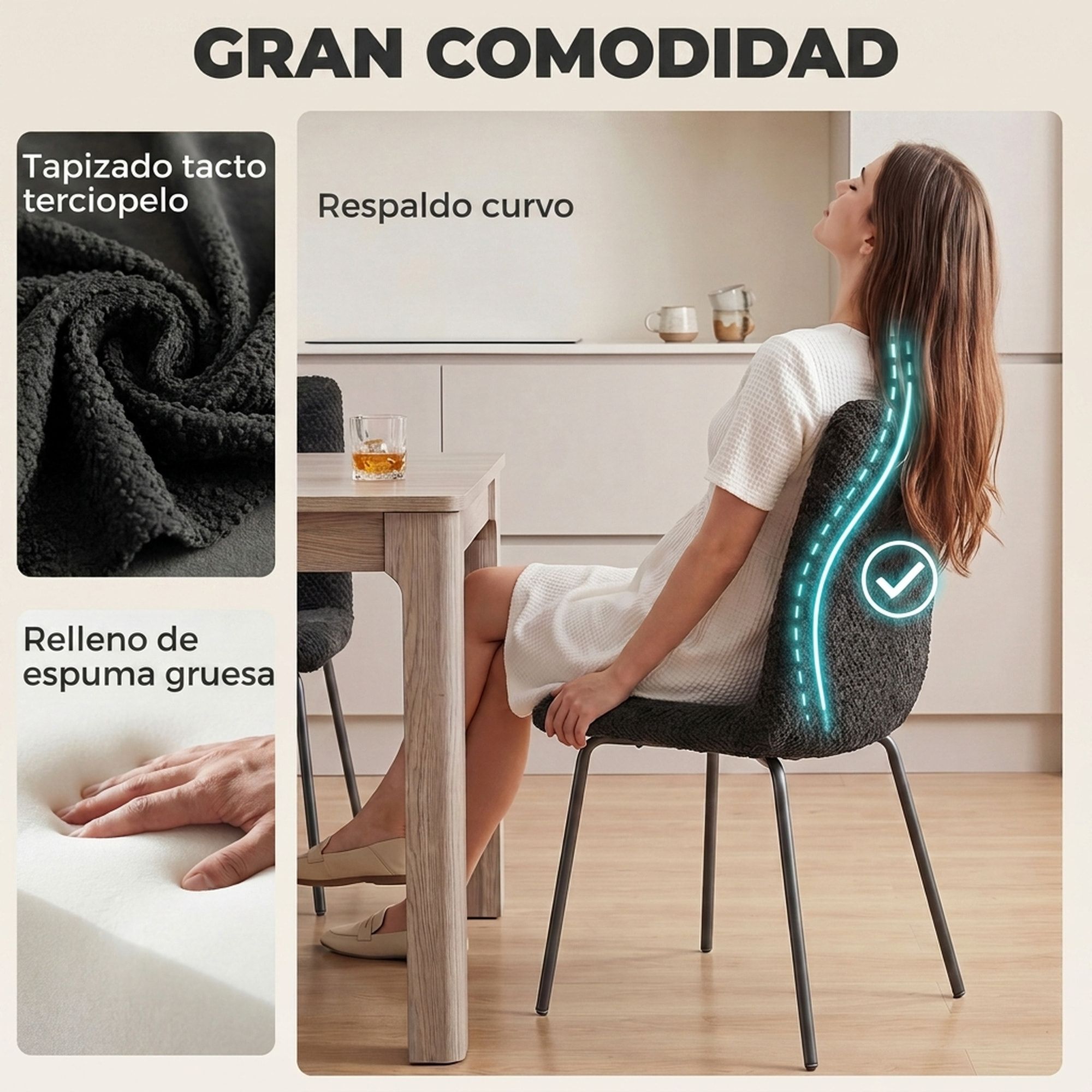 Pack de 2 Sillas de Comedor, Sillas de Cocina Modernas, Tapizadas de Terciopelo, Asiento y Respaldo Acolchados, Patas de Acero, Gris Oscuro
