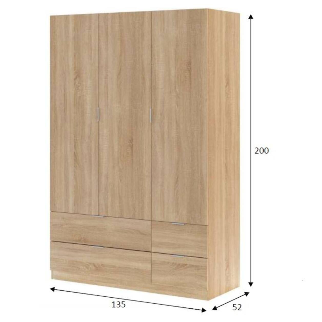 Guardaroba Weymouth, Mobile camera da letto a 3 ante e 2 cassetti, Armadio appendiabiti, 135x52h200 cm, Rovere