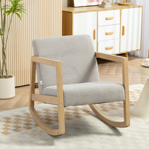 Fauteuil lounge à bascule bois hévéa revêtement effet peau de mouton polyester gris