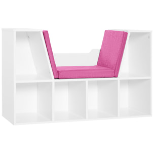 Librería con Asiento, Estantería de Libros con 6 Cubos, Estantería Almacenamiento con Banco con Cojín, Multiusos para Sala de Estar, Oficina, Dormitorio, 102x30x61cm, Blanco y Rosa