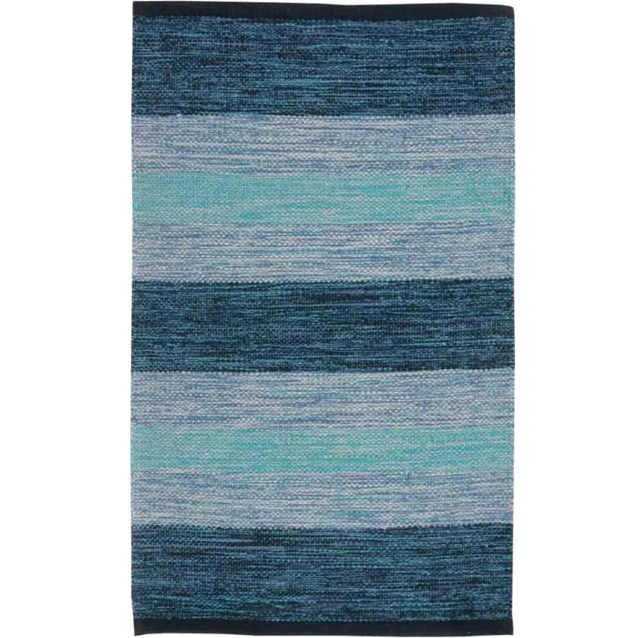 Tappeto HAPPY BLU disegno a righe 100% cotone annodati a mano, tappetino stuoia bagno multiuso lavabile