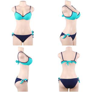 Conjunto de bikini 3 piezas azul a rallas con anillo de acero