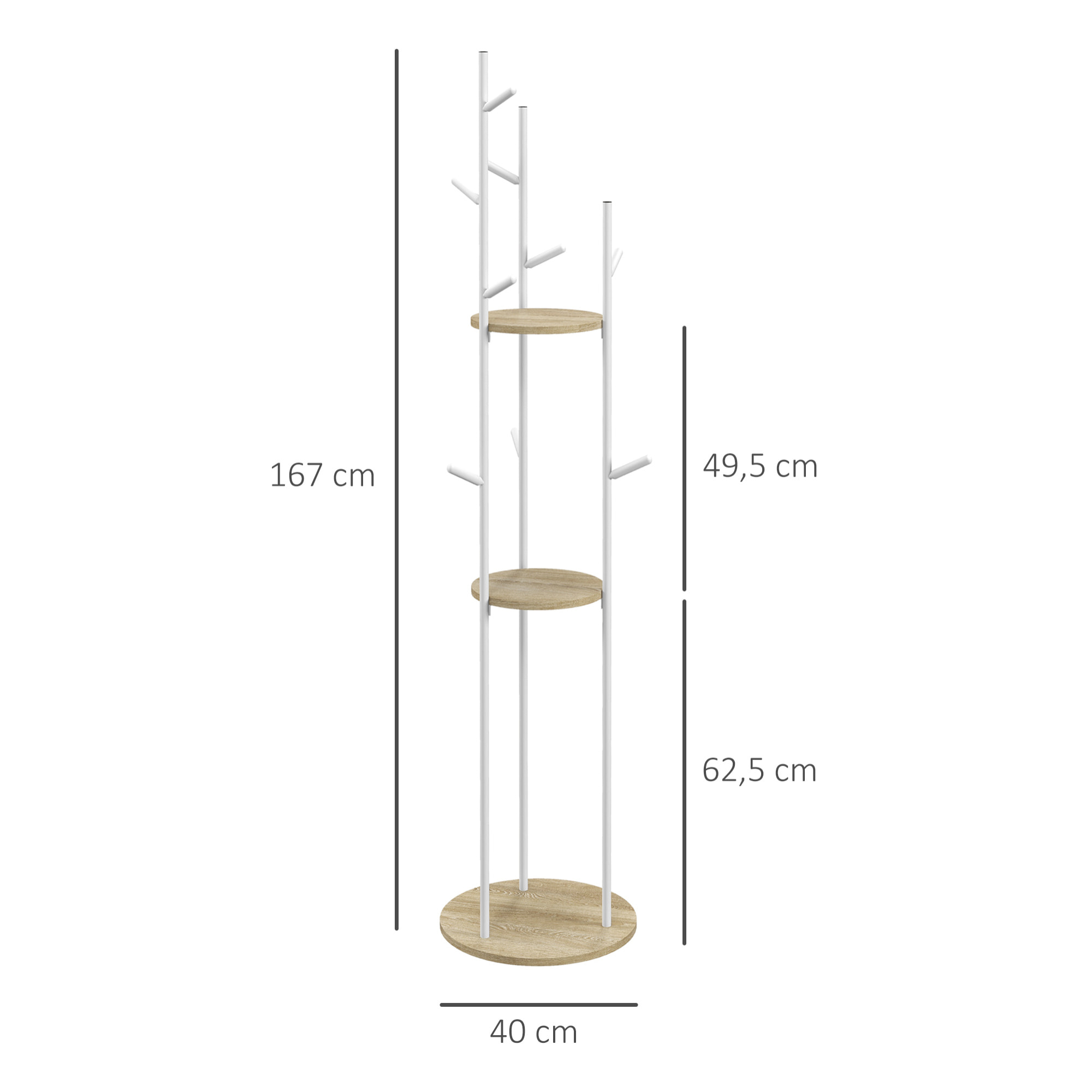 Porte-manteau design contemporain branches 2 étagères 9 patères Ø 40 x 167H cm aspect chêne clair acier blanc