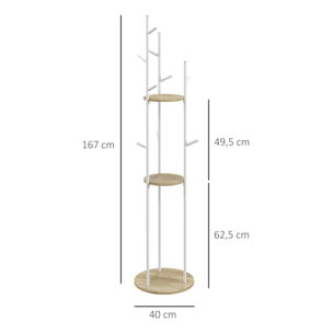 Porte-manteau design contemporain branches 2 étagères 9 patères Ø 40 x 167H cm aspect chêne clair acier blanc