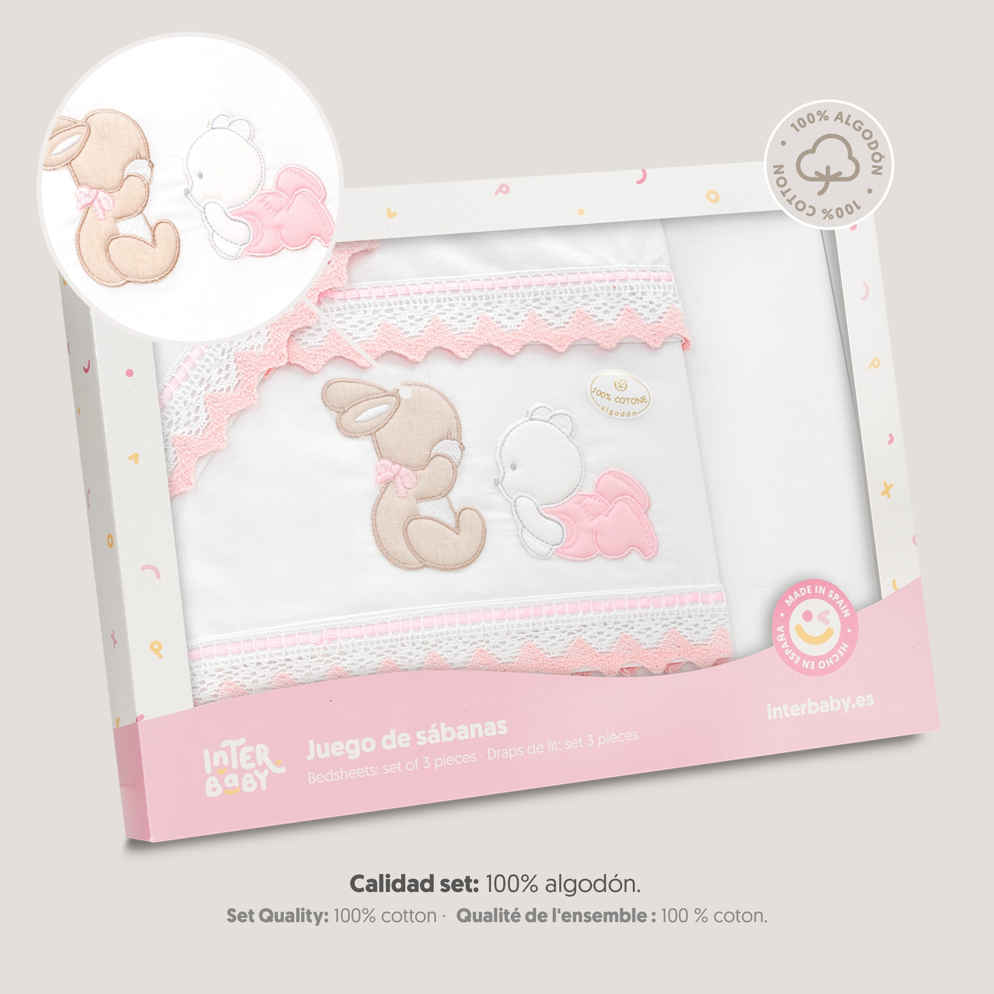 Triptico Minicuna Guipur Oso Tumbado Conejito Bco/Rosa