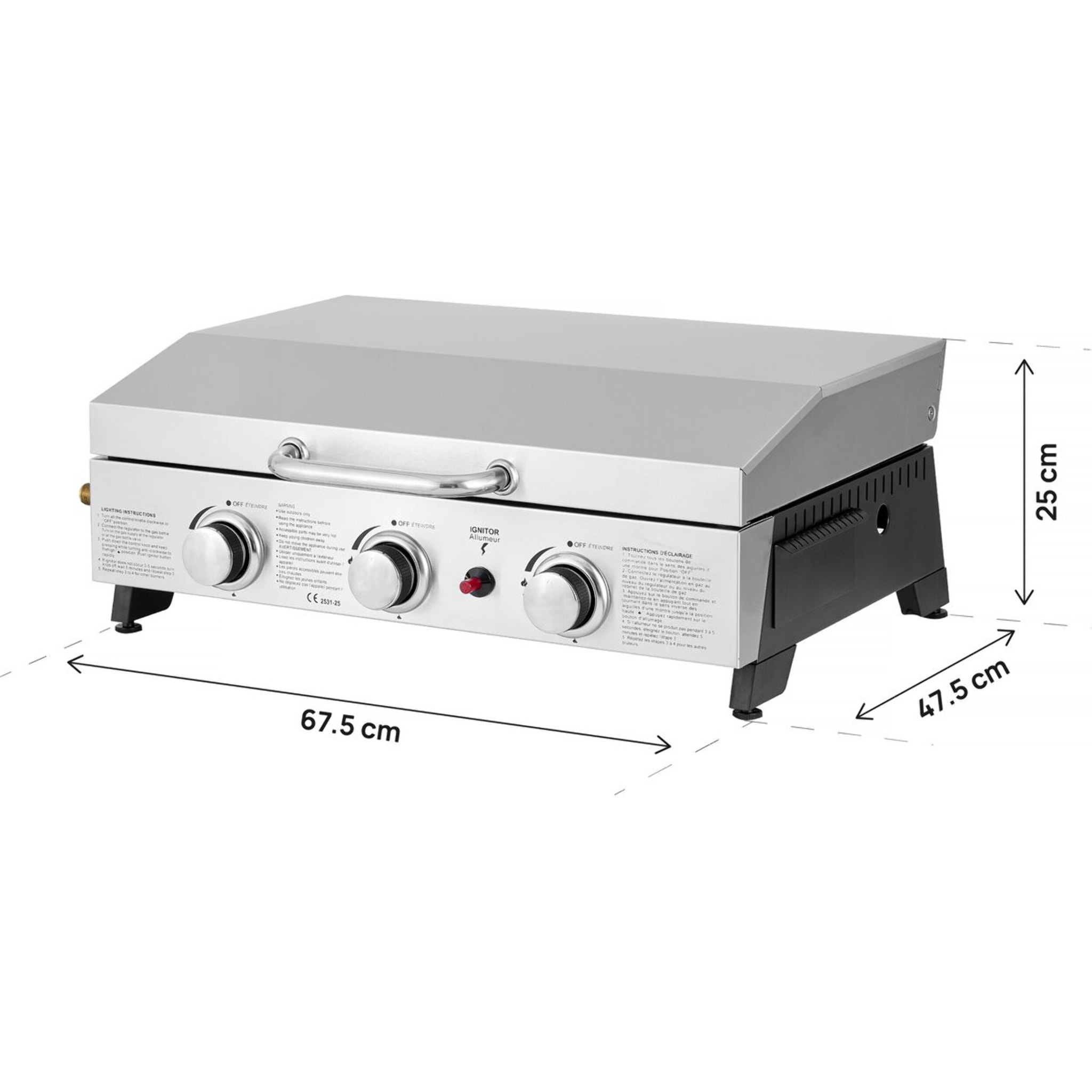 Plancha à gaz avec 3 bruleurs et couvercle en métal "Fasto" - 7,5 kw - Gris