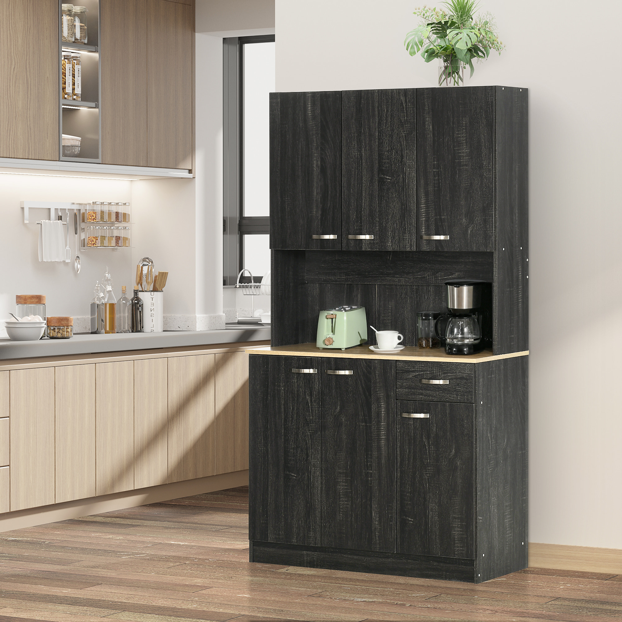 Alacena de Cocina Mueble Auxiliar de Cocina Alta con 6 Puertas Cajón Encimera Abierta y Estantes Ajustables Estilo Moderno Negro Veteado 101x39x180 cm