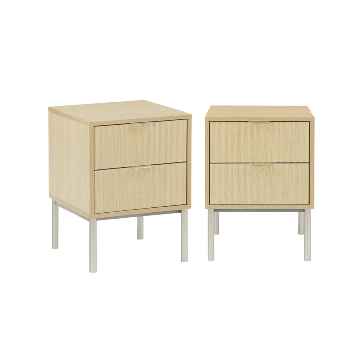 Lot de 2 tables de chevet effet bois rainuré et métal. pieds métal champagne. 2 tiroirs