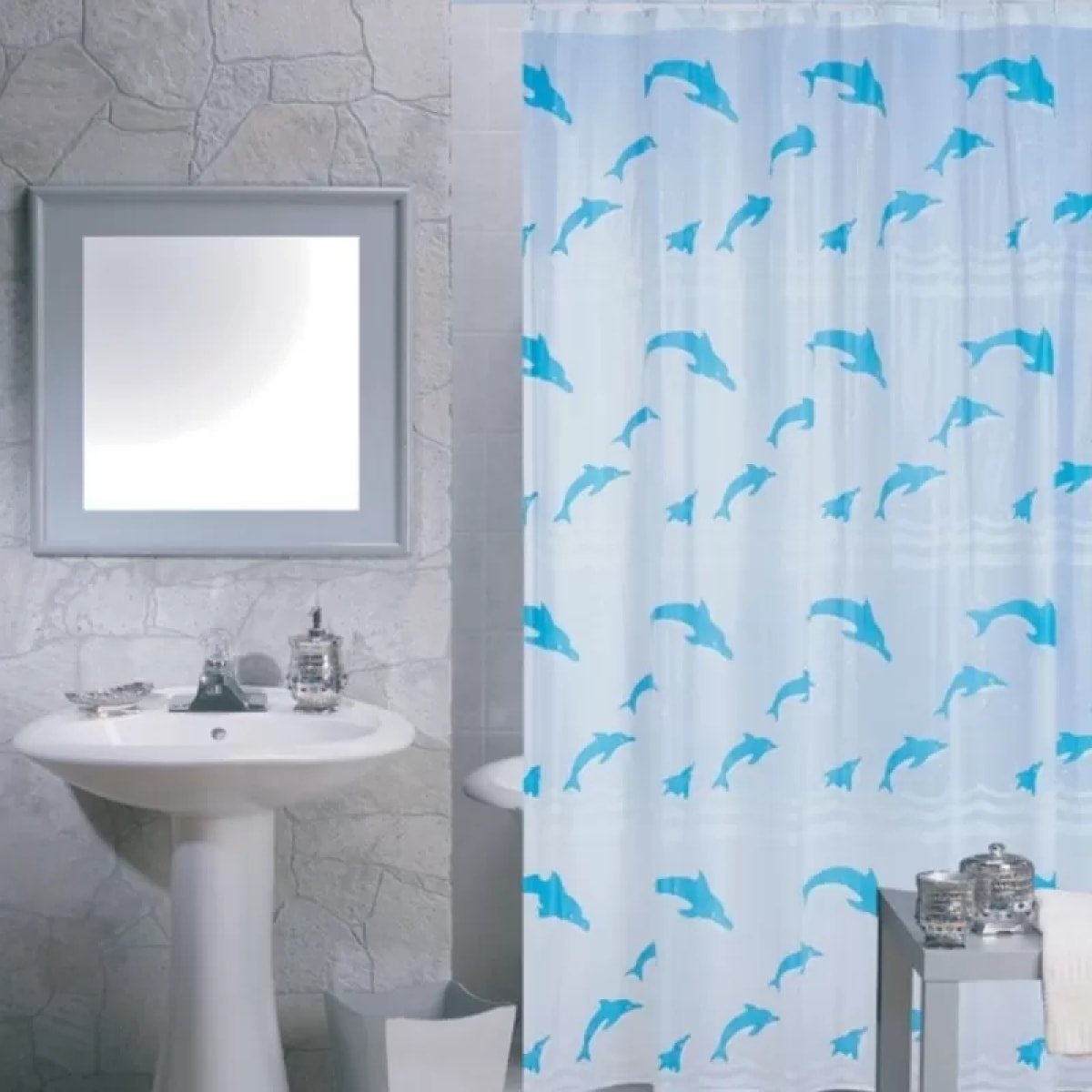 Rideau de douche Plastique PVA 180x200cm Motif dauphins Bleu & Blanc - Anneaux inclus MSV