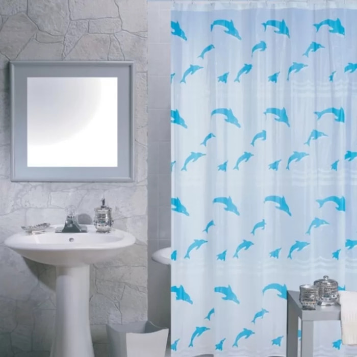 Rideau de douche Plastique PVA 180x200cm Motif dauphins Bleu & Blanc - Anneaux inclus MSV