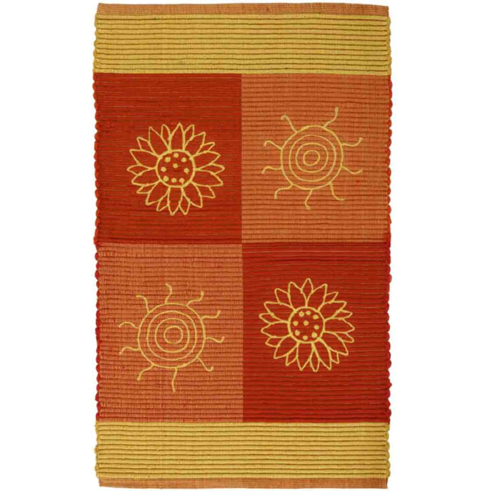 Tappeto SUMMER ARANCIONE disegno sole e fiori 100% cotone annodati a mano, passatoia stuoia cucina multiuso lavabile