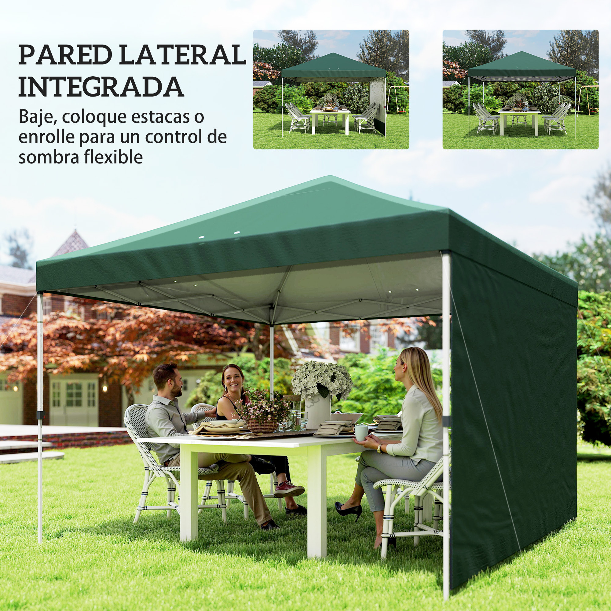 Carpa Plegable 3x3 m, Pop-up, con Pared Lateral, Cenador de Jardín con Protección UPF50+, Empuje Central, Altura Ajustable, Bolsa de Transporte, Gazebo para Camping, Exterior, Verde
