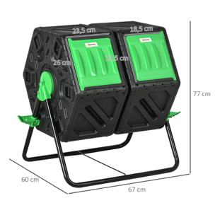 Compostador Giratorio de 130L Contenedor de Compostaje de Jardín de Doble Cámara Compostadora con Aberturas de Ventilación y Patas de Acero 67x60x77 cm Negro