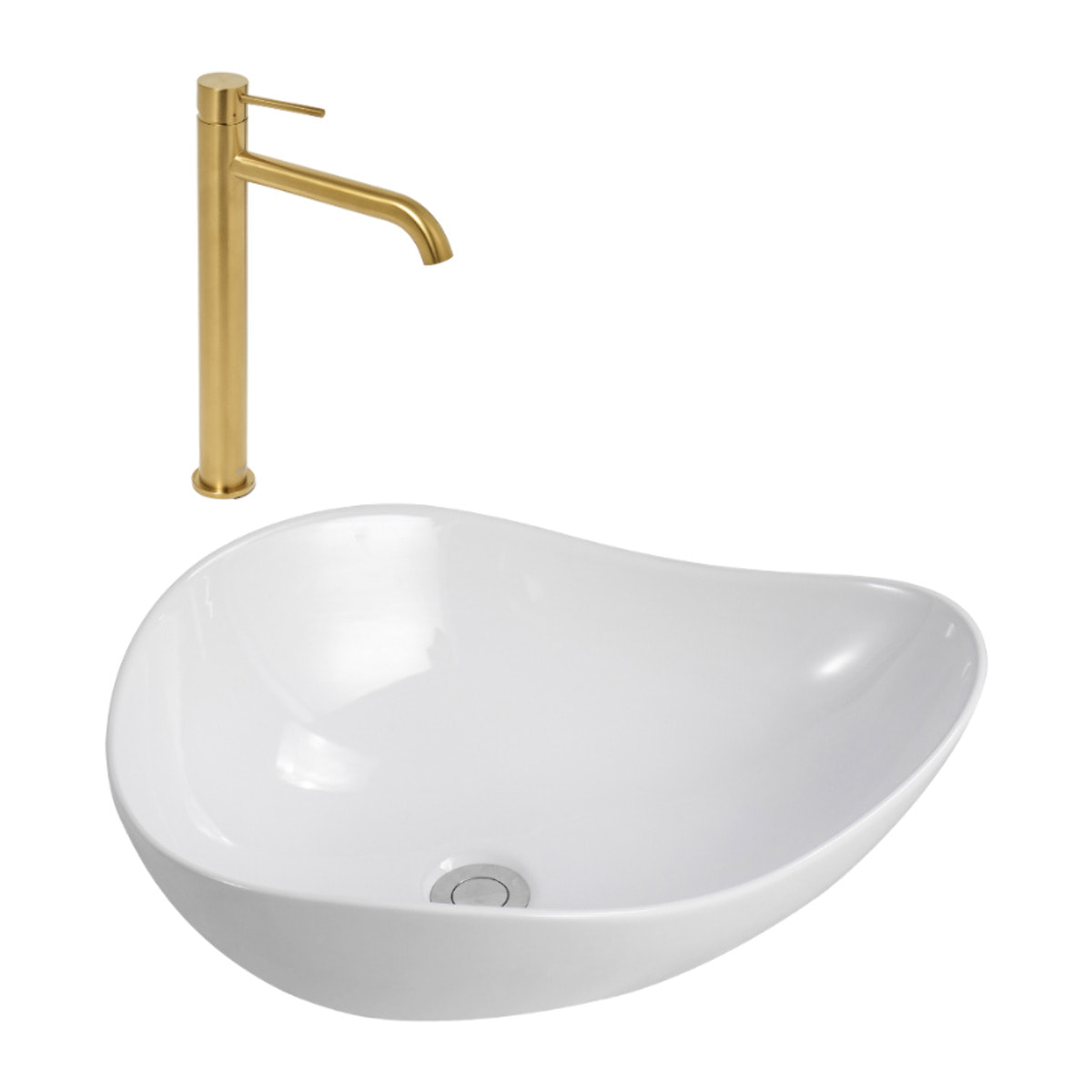 Aurum mitigeur lavabo haut 30,8 cm inox, or + Ceramia PixL 51x38x19 cm vasque à poser, sans trop-plein, blanc (SAT285BGCEPX5038)