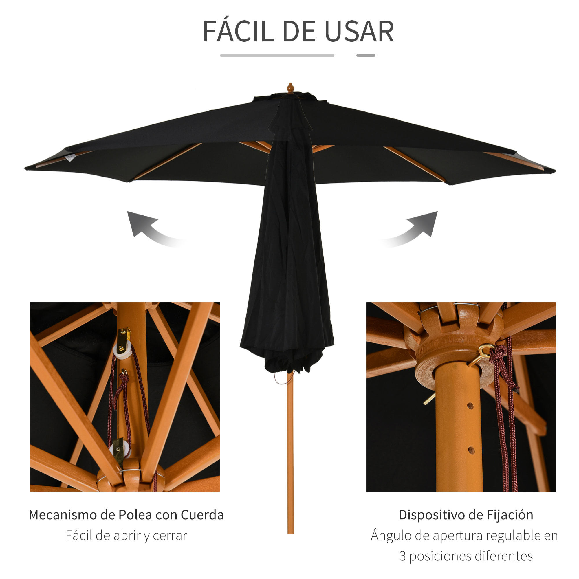 Parasol Ajustable Fácil De Transportar Ø3x2,5m Negro