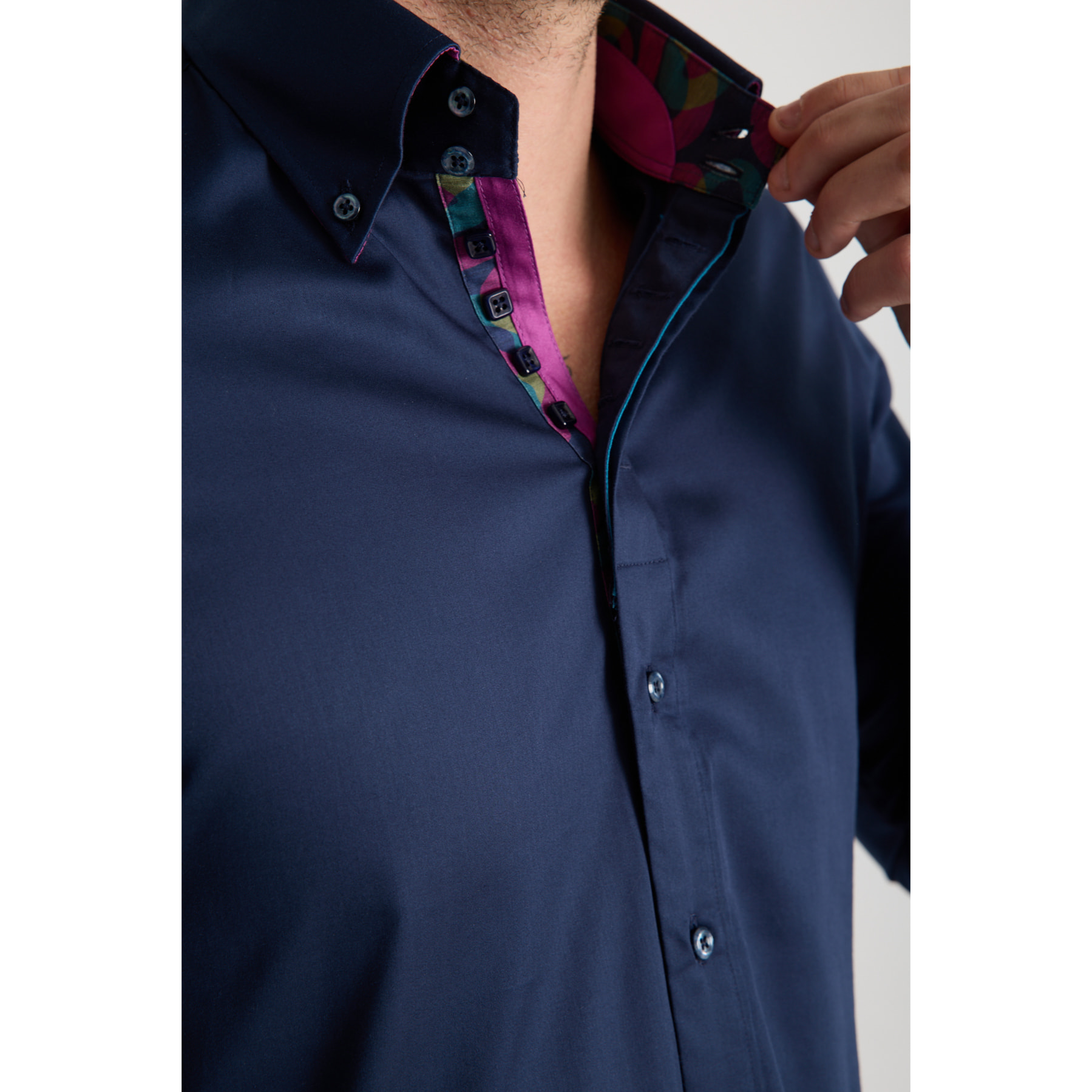 Camicia Uomo 2 Bottoni Button Down Slim Satin Unito Blu