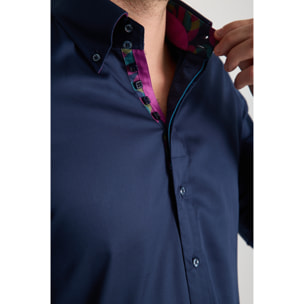Camicia Uomo 2 Bottoni Button Down Slim Satin Unito Blu